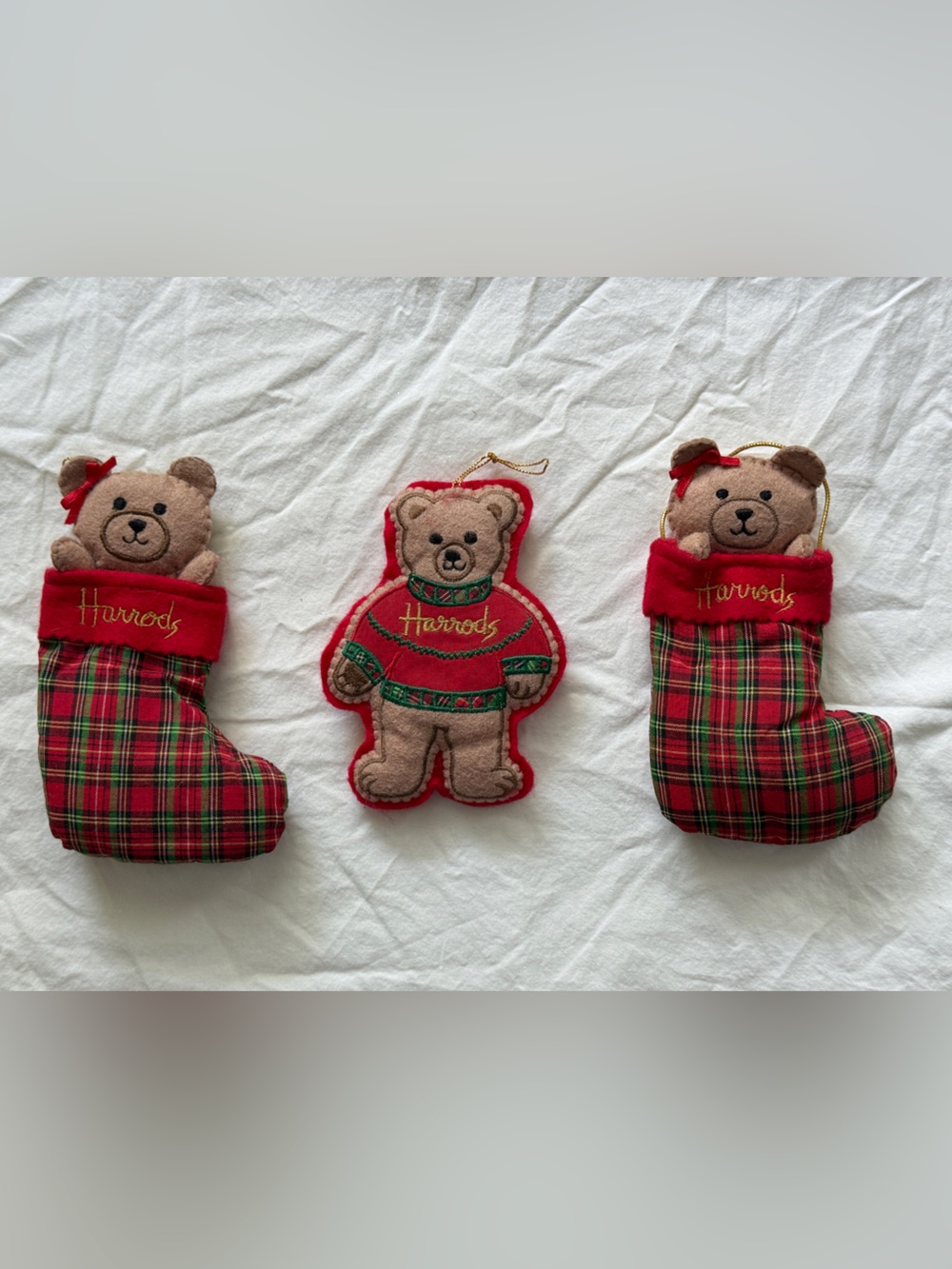 Set of 3 Vintage Early 2000s Harrods Bear Felt Ornaments